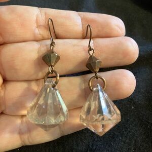 Vintage Clear Crystal Drop Earrings with Brass-Tone Accents